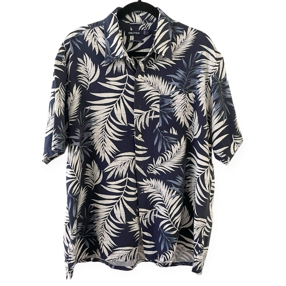 Nautica Floral Cotton Silk Button Up Shirt Blue Easy Care Men’s Large Casual